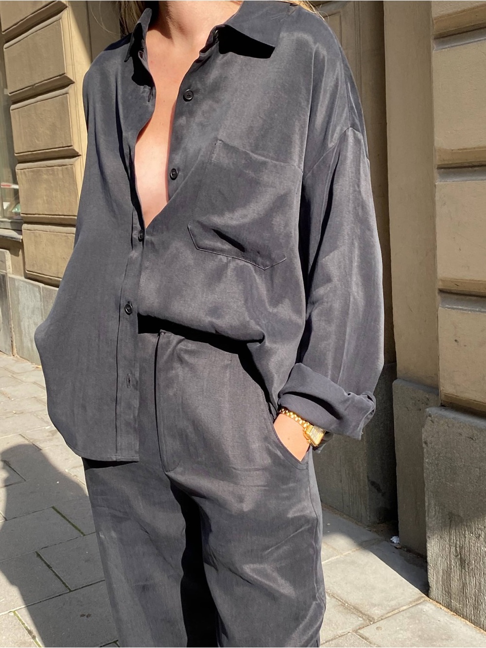 djerf avenue BNWT Charcoal Relaxed Button-Up Shirt & Pants Set